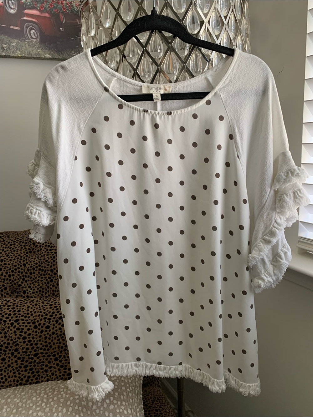 Umgee Polka Dot Top with Fringed Sleeves & Hem